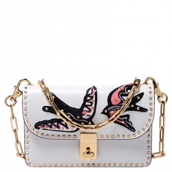 Pre Owned Valentino White Leather Bird Embroidered Studded Shoulder Bag