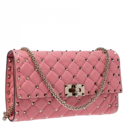 Pre Owned Valentino Paradise Rose Quilted Soft Leather Rockstud Spike Chain Clutch Bag