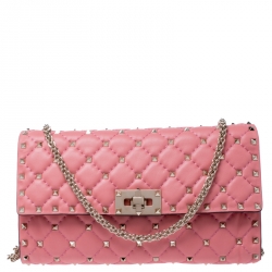 Pre Owned Valentino Paradise Rose Quilted Soft Leather Rockstud Spike Chain Clutch Bag