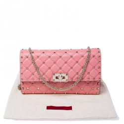 Pre Owned Valentino Paradise Rose Quilted Soft Leather Rockstud Spike Chain Clutch Bag