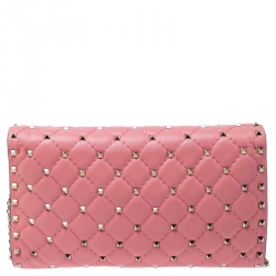 Pre Owned Valentino Paradise Rose Quilted Soft Leather Rockstud Spike Chain Clutch Bag