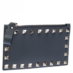 Pre Owned Valentino Dark Grey Leather Rockstud Coin Purse