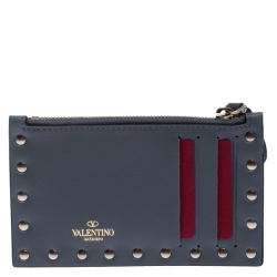 Pre Owned Valentino Dark Grey Leather Rockstud Coin Purse