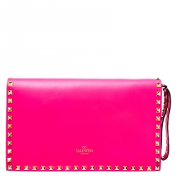Pre Owned Valentino Hot Pink Leather Rockstud Wristlet Clutch