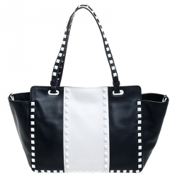 Pre Owned Valentino Navy Blue/White Leather Rockstud Tote