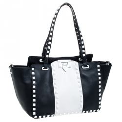 Pre Owned Valentino Navy Blue/White Leather Rockstud Tote