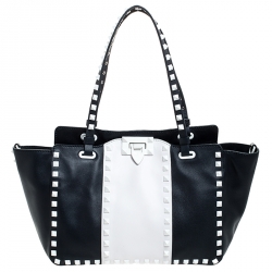 Pre Owned Valentino Navy Blue/White Leather Rockstud Tote