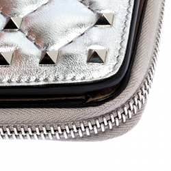 Pre Owned Valentino Silver Leather Rockstud Spike Zip Around Wallet