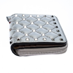 Pre Owned Valentino Silver Leather Rockstud Spike Zip Around Wallet