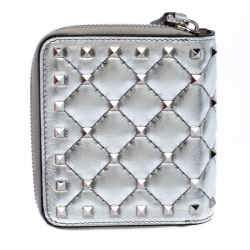 Pre Owned Valentino Silver Leather Rockstud Spike Zip Around Wallet