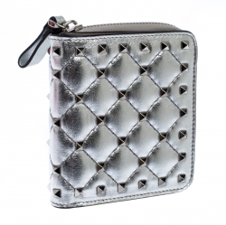 Pre Owned Valentino Silver Leather Rockstud Spike Zip Around Wallet