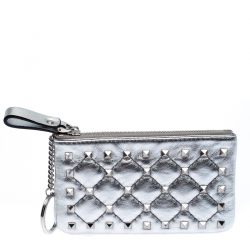 Pre Owned Valentino Silver Leather Rockstud Spike Key Case