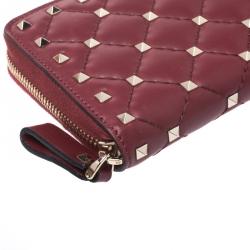 Pre Owned Valentino Red Quilted Leather Rockstud Spike Zip Around Wallet