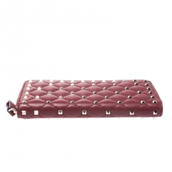 Pre Owned Valentino Red Quilted Leather Rockstud Spike Zip Around Wallet