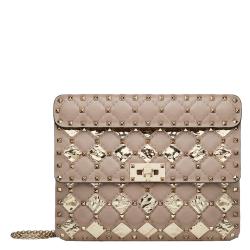 Pre Owned Valentino Poudre Leather with Metal Rhombus Detail Medium Rockstud Spike.It Chain Shoulder Bag