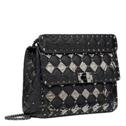 Pre Owned Valentino Black Leather with Metal Rhombus Detail Medium Rockstud Spike.It Chain Shoulder Bag