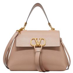 Pre Owned Valentino Rose Canelle Leather Small VRING Top Handle Bag