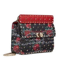 Pre Owned Valentino Two Tone Chain Rose by Undercover Print Leather Medium Spike.It Chain Shoulder Bag