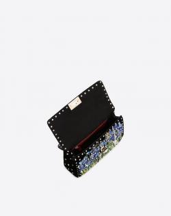 Pre Owned Valentino Black Embroidered Velvet Medium Rockstud Spike.It Chain Shoulder Bag