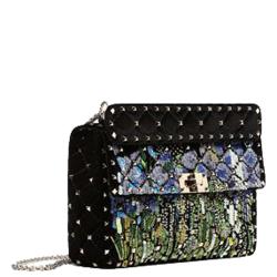 Pre Owned Valentino Black Embroidered Velvet Medium Rockstud Spike.It Chain Shoulder Bag