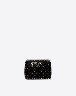 Pre Owned Valentino Black Embroidered Velvet Medium Rockstud Spike.It Chain Shoulder Bag