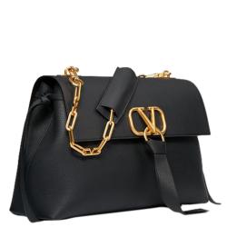 Pre Owned Valentino Black Grainy Leather Medium VRING Chain Shoulder Bag