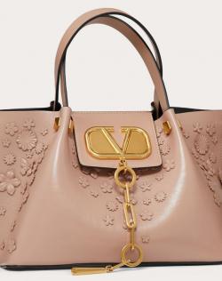 Pre Owned Valentino Rose Canelle Leather Flower Embellishments Small VLOGO Escape Shopper Tote