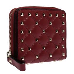 Pre Owned Valentino Rosso V. Soft Leather Rockstud Spike Compact Wallet