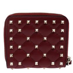 Pre Owned Valentino Rosso V. Soft Leather Rockstud Spike Compact Wallet