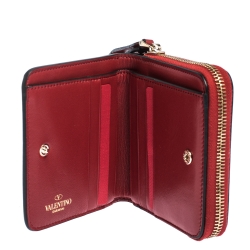 Pre Owned Valentino Red Leather Rockstud Spike Compact Wallet