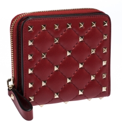 Pre Owned Valentino Red Leather Rockstud Spike Compact Wallet