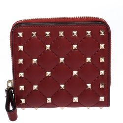 Pre Owned Valentino Red Leather Rockstud Spike Compact Wallet