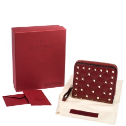 Pre Owned Valentino Red Leather Rockstud Spike Compact Wallet