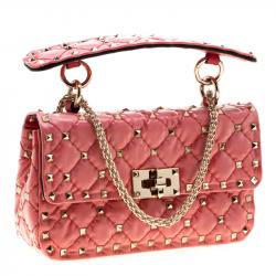 Pre Owned Valentino Light Poppy Quilted Patent Leather Small Rockstud Spike Chain Shoulder Bag