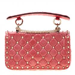 Pre Owned Valentino Light Poppy Quilted Patent Leather Small Rockstud Spike Chain Shoulder Bag