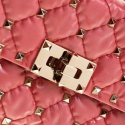 Pre Owned Valentino Light Poppy Quilted Patent Leather Small Rockstud Spike Chain Shoulder Bag