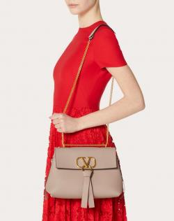 Valentino Beige Poudre Grained Leather VRing Flap Shoulder Bag at