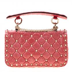 Valentino Light Poppy Quilted Patent Leather Small Rockstud Spike Chain Shoulder Bag