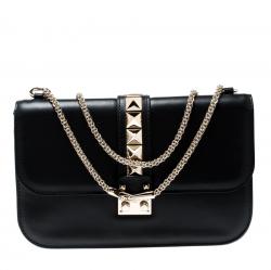 Valentino Black Leather Large Glam Lock Chain Shoulder Bag