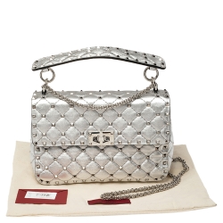 Valentino Silver Quilted Leather Medium Rockstud Spike Shoulder Bag