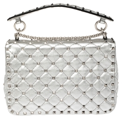 Valentino Silver Quilted Leather Medium Rockstud Spike Shoulder Bag