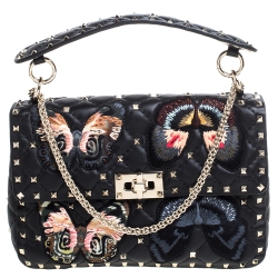 Valentino Black Quilted Leather Medium Rockstud Spike.It With Butterfly Patches Shoulder Bag