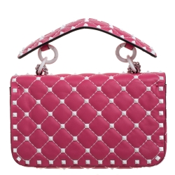 Pre Owned Valentino Pink Quilted Leather Small Rockstud Spike Chain Shoulder Bag