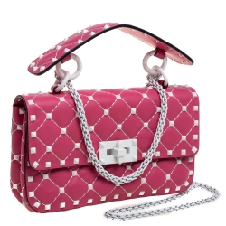 Pre Owned Valentino Pink Quilted Leather Small Rockstud Spike Chain Shoulder Bag