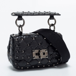 Pre Owned Valentino Black Leather Micro Rockstud Spike Top Handle Bag