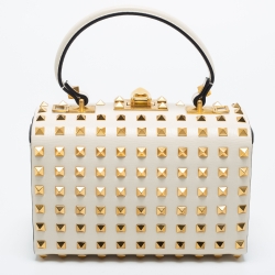 Pre Owned Valentino Off White Leather Rockstud Alcove Top Handle Bag