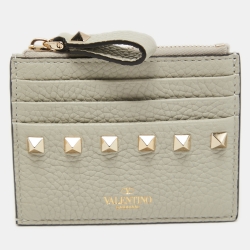 Valentino Light Grey Leather Rockstud Zip Card Holder