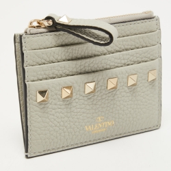 Valentino Light Grey Leather Rockstud Zip Card Holder