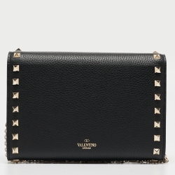 Pre Owned Valentino Black Leather Rockstud Envelope Wallet on Chain
