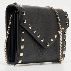 Pre Owned Valentino Black Leather Rockstud Envelope Wallet on Chain